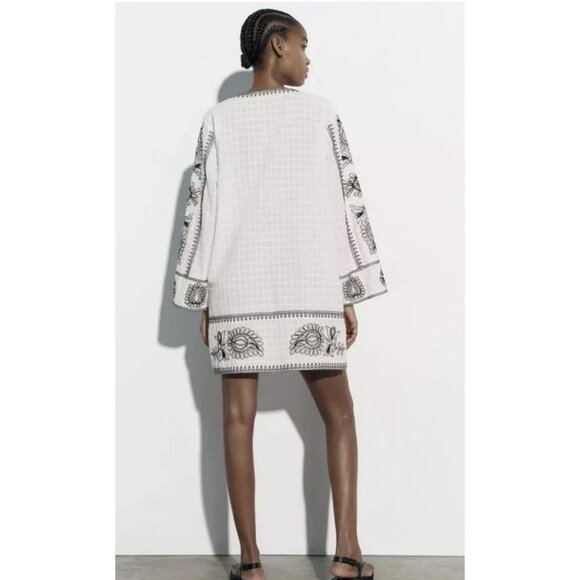 ZARA COTTON SHORT EMBROIDERED TUNIC KAFTAN DRESS Sizes Medium - Picture 3 of 16